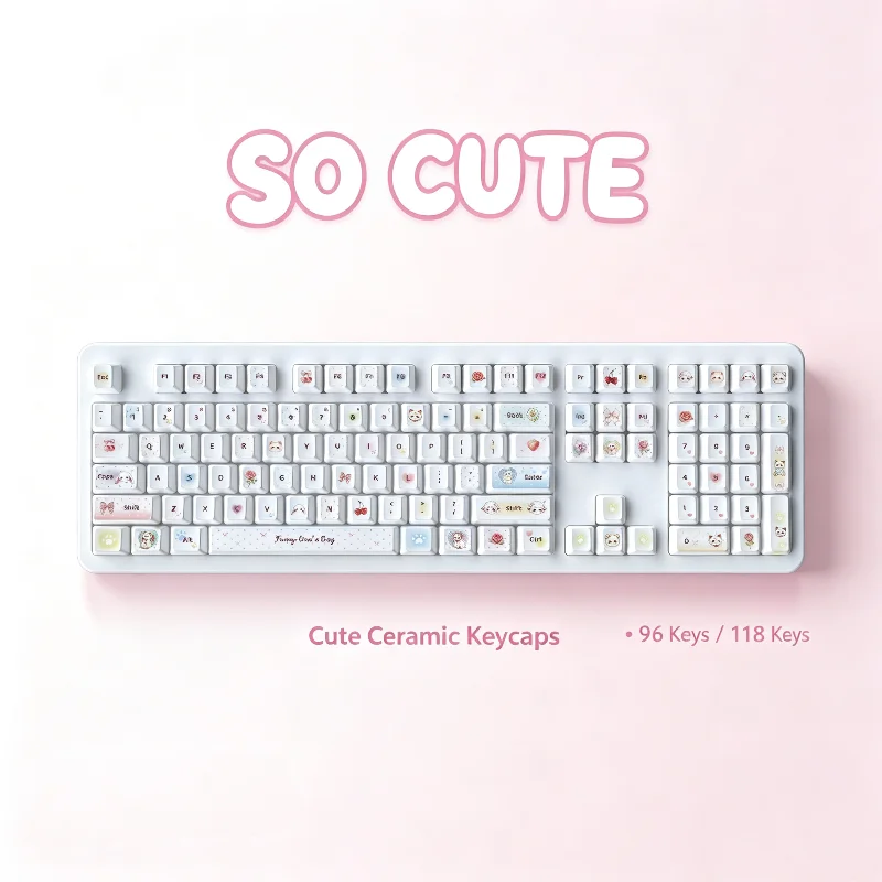 Transparent Ceramic Keycaps Full Set Cherry Profile 118/96 Keys Cute Pattern Mechanical Keyboard Replacement Keycap Kit