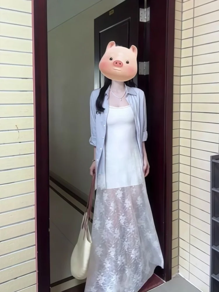 الكورية Sle المرأة الخريف الشتاء الأزرق الدانتيل المحاصيل الأعلى وتنورة مجموعة طويلة Sve الوجه طوق منتصف طول Faion فرقة #5