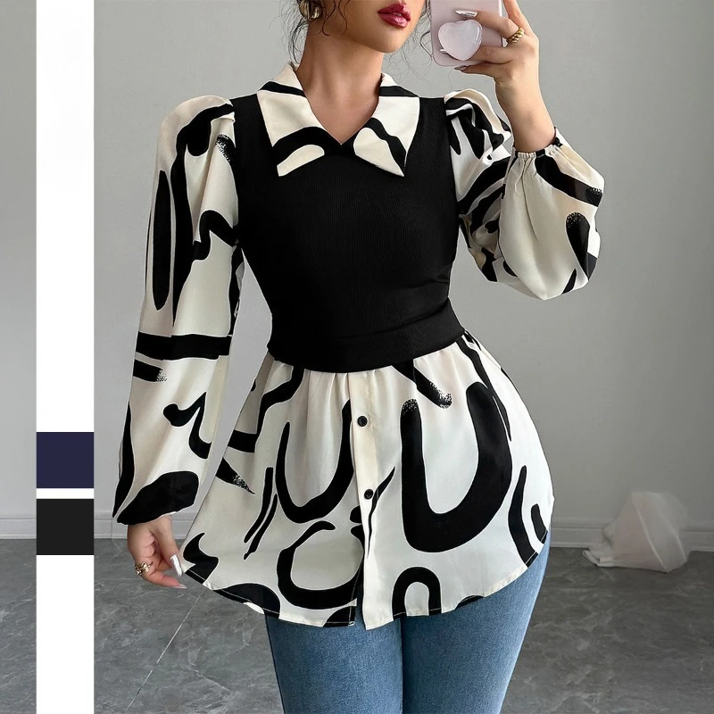 

Printed Women's Blouses French Shirts Fashion Loose Spring/Summer Casual Clothing Fitted Waist Chiffon Long Sleeves Women Tops