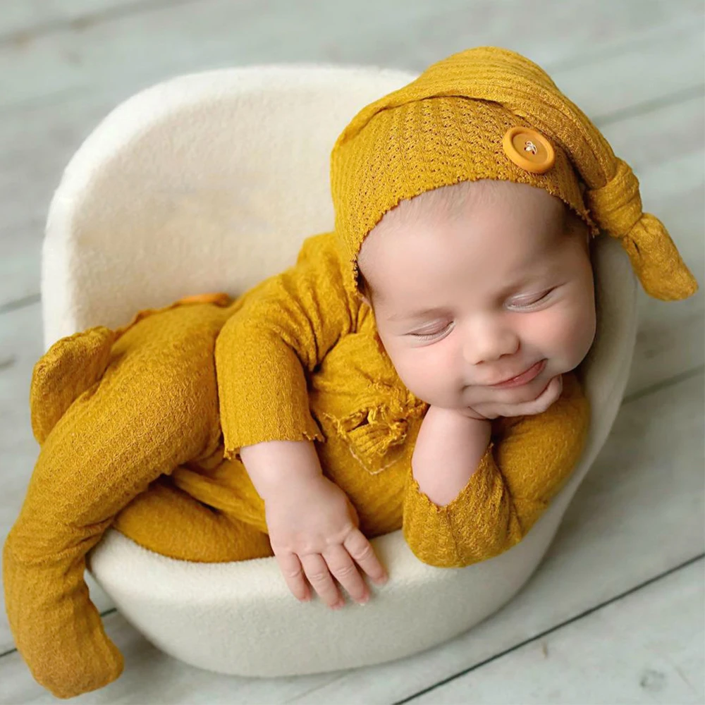 Ylsteed Newborn Photography Jumpsuit Buttons Hat Back Pocket Baby Boy Girl Photo Shooting Clothes Infant Bodysuit
