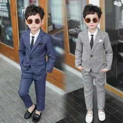 Kids Pant Blazers Set Spring Autumn New Boys Casual 2pcs Suits Jackets Plaid Single Button Children Party Wedding Clothes 3-11y