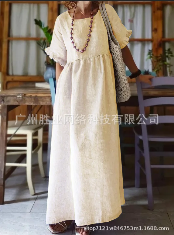 Women's Big Size Loose Round Neck Sleeveless Cotton Linen Mid-Length Dresses