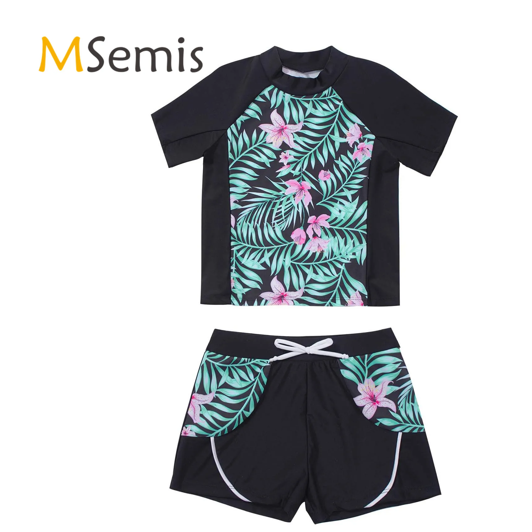 2Pcs Kids Girls Swimming Suit Round Neck Short Sleeves Floral Print Top Drawstring Boyshorts Beach Swimwear Bathing Suits