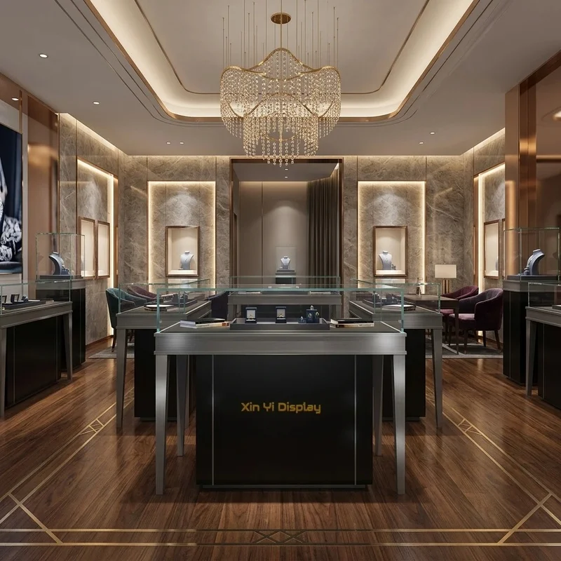 custom.Luxury Custom Tempered Glass Adjustable Height Jewelry Display Premium LED Heavy Duty Eco-Friendly Black Shopping Mall Sh