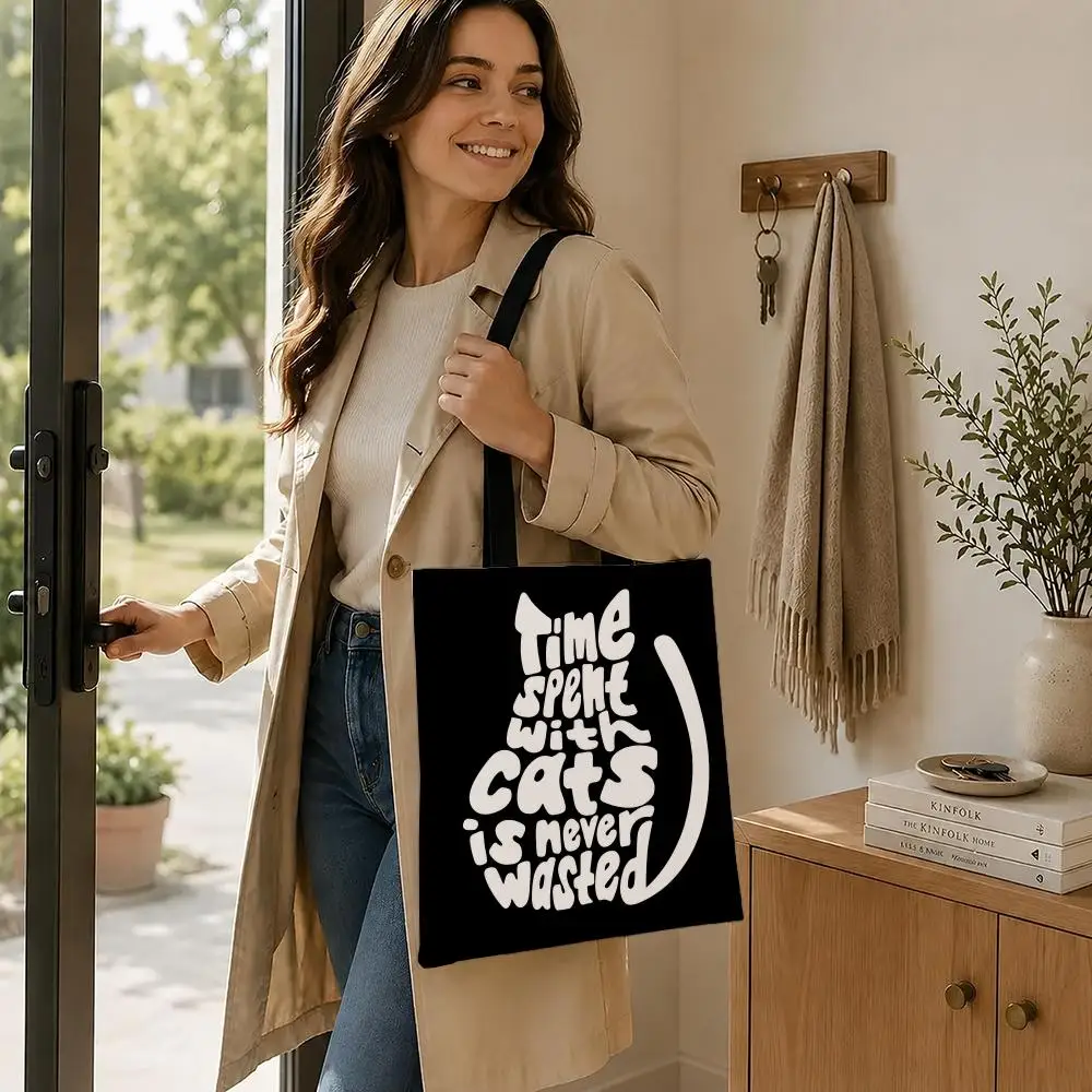 I Love Cats Print Heartbeat Storage Bags Eco‑Friendly Canvas Tote Bag Casual Handbag for College Travel Daily Shopping