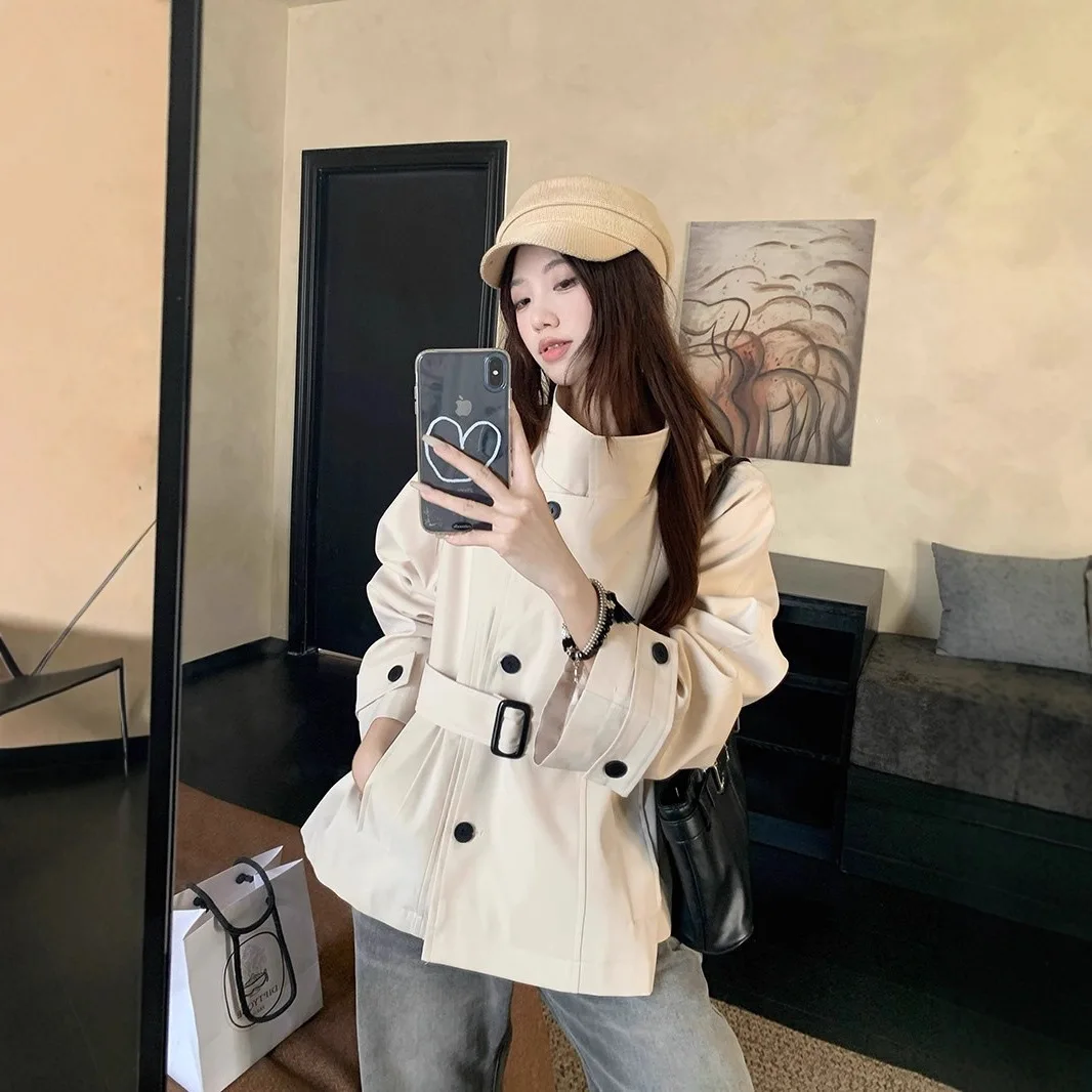 

Весенне-осенний плащ Annals, куртка с ленивым темпераментом, короткий стиль, британский стиль, воротник-стойка, топы с завязкой на талии