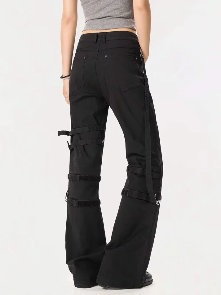 2025 Trend Y2K Style Strap Patchwork Black Slim Women's Flared Jeans Pants For Woman Clothing Cotton Long Trousers Ropa Mujer