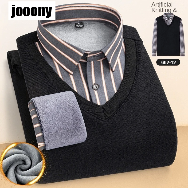 Fashion Tops Autumn Winter Men's Pullover Polo Button Stripe Contrast Panel Plush Thickened Sweater Knit Casual Commuting style