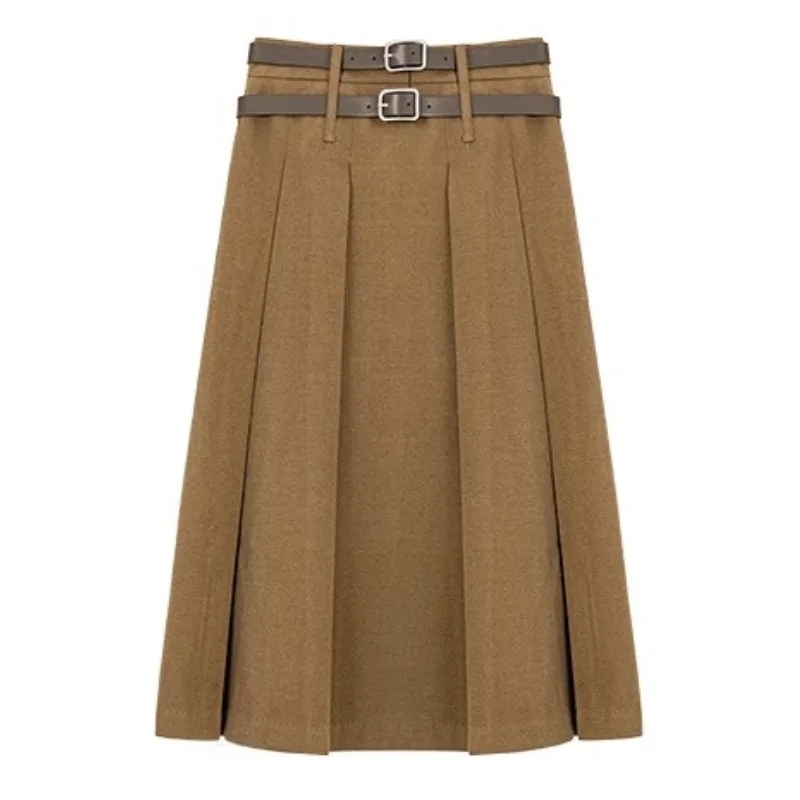 Pleated Midi Skirt for Women Lady Elegant Belted A-Line Skirt Chic Slim Winter Outfit Bottom High-Waist Style Vintage Warm Look