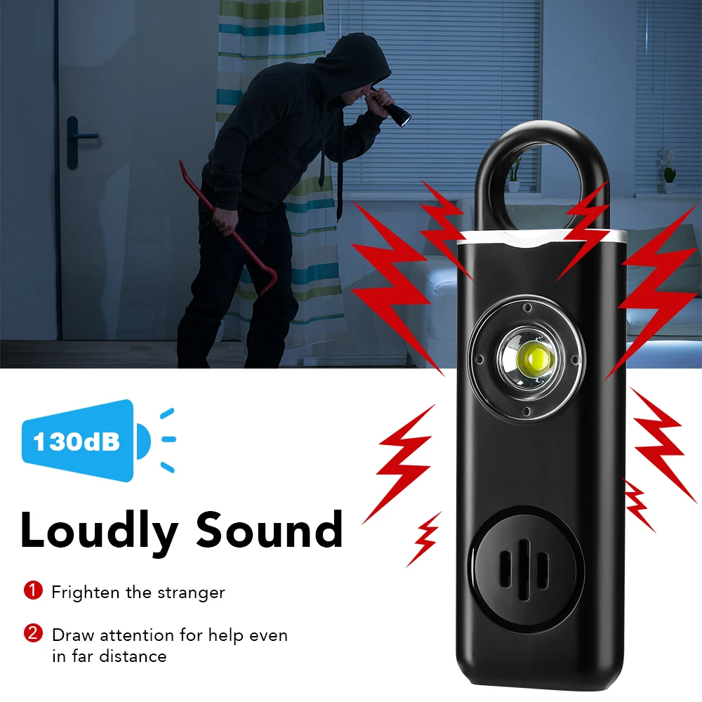 Personal Defense Alarm 130dB With LED Light Rechargeable Self Defense Woman Safety Alarm Key Chain Emergency Anti-Attack