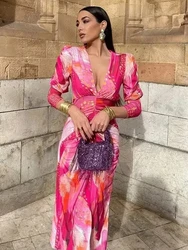 BWQ Print Dresses for Women Pleated V-Neck Long Sleeve Zipper Slit Cut Sexy Slim Dresses Summer New Elegant Fashion Dresses