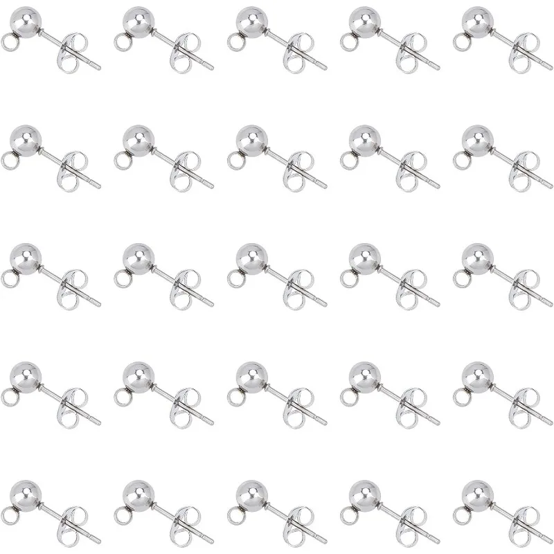 

50pcs Stainless Steel Stud Earring Findings with Loop Stud Ear Nut Posts Round Metal Color DIY Pin 0.8mm