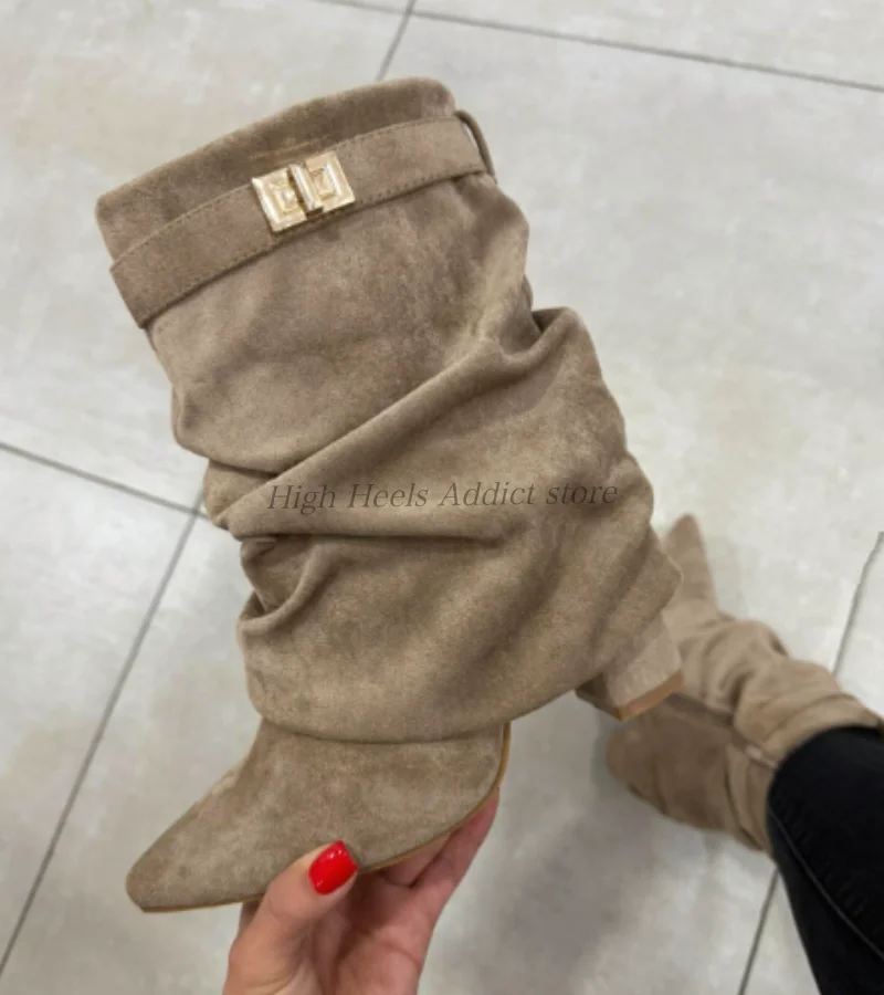 

Women's suede metal buckled shark boots sexy chunky heels black/white winter new pointy to leather mid calf boots designer shoes