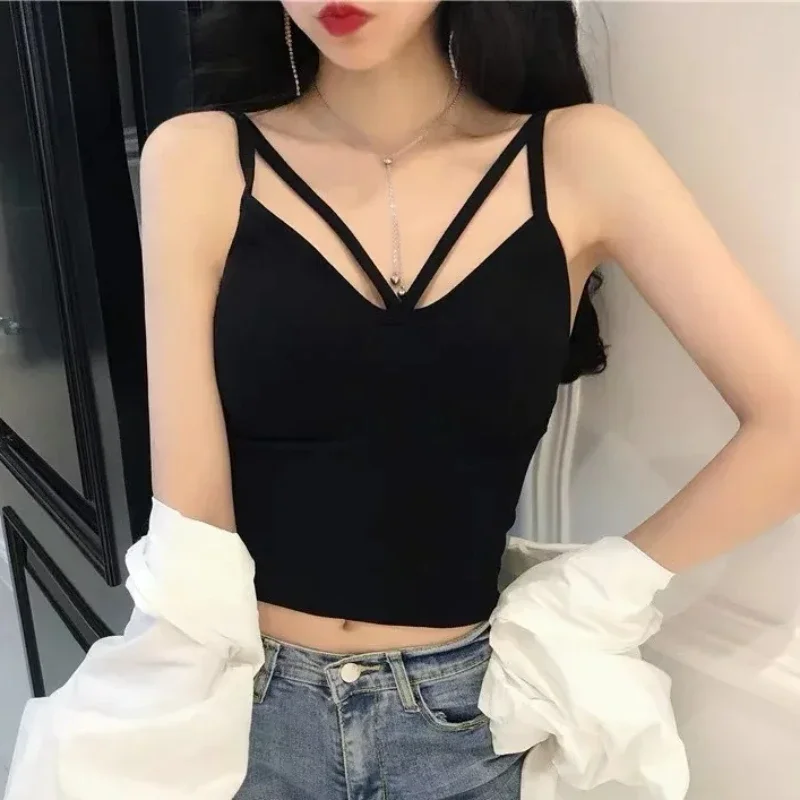 Women's Camis Seamless Body-fitting Vest Wrapped Detachable Chest Pad Cut Bra Top Elastic Sexy Cross Open Back V-neck Tanks