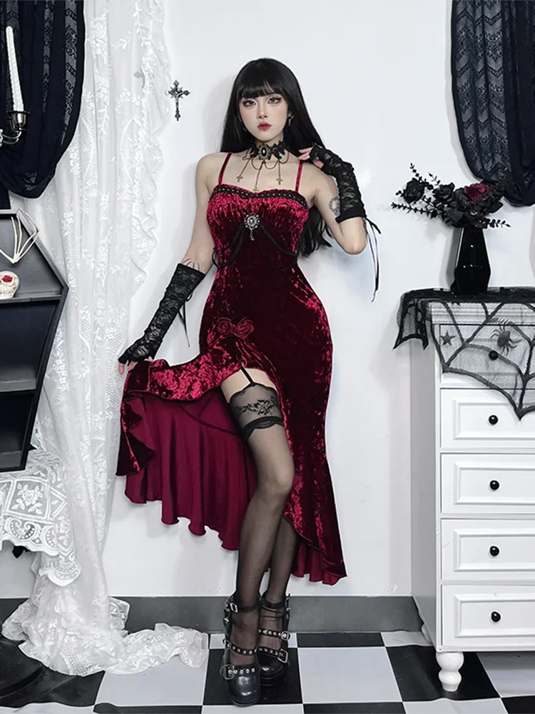 AltGoth Mall Goth Red Velvet Dress Women Aesthetic Fairycore Spaghetti Strap High Waist Split Dress Elegant Evening Partywear