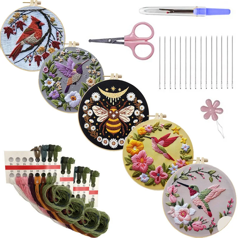 

Hummingbird Embroidery Kit for Beginners Patterns Punch Needle Kit Cross Stitch French Stamped Including Cloth Hoops Threads