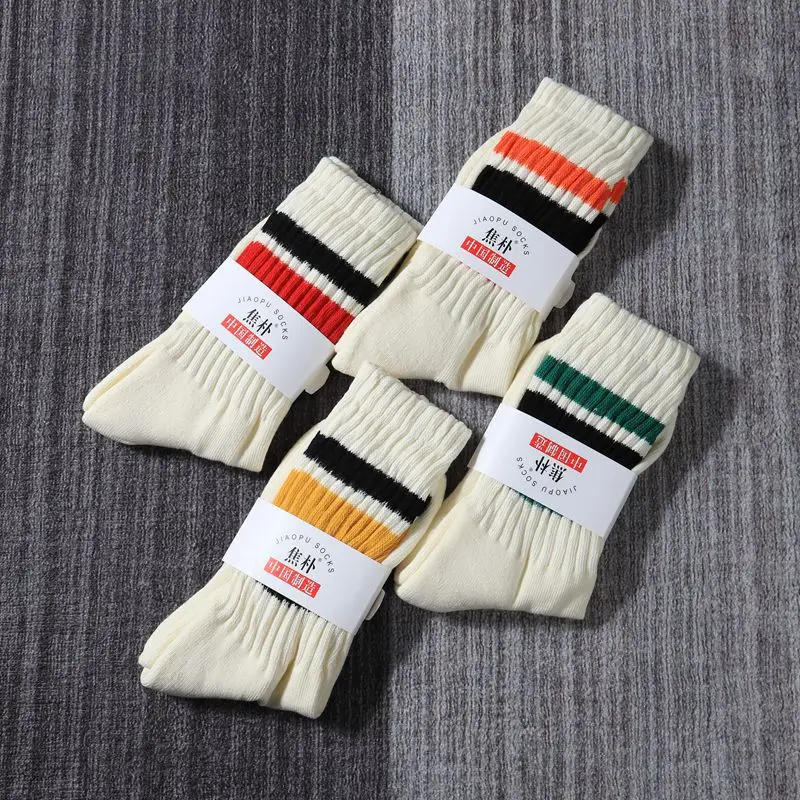 

New Rice White Tube Thick Towel Bottom Sports Socks Men and Women Orange Black Red Green Stripes Stacked Solid Color Cotton