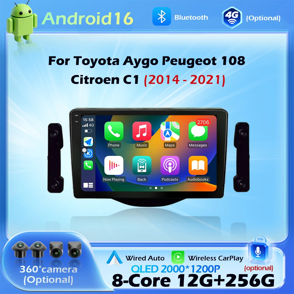 Android 16 für Toyota Aygo Peugeot 108 Citroen C1 2014-2021 Kabelloses CarPlay Autoradio Multimedia-Player Navi GPS DSP WIFI BT 9"
