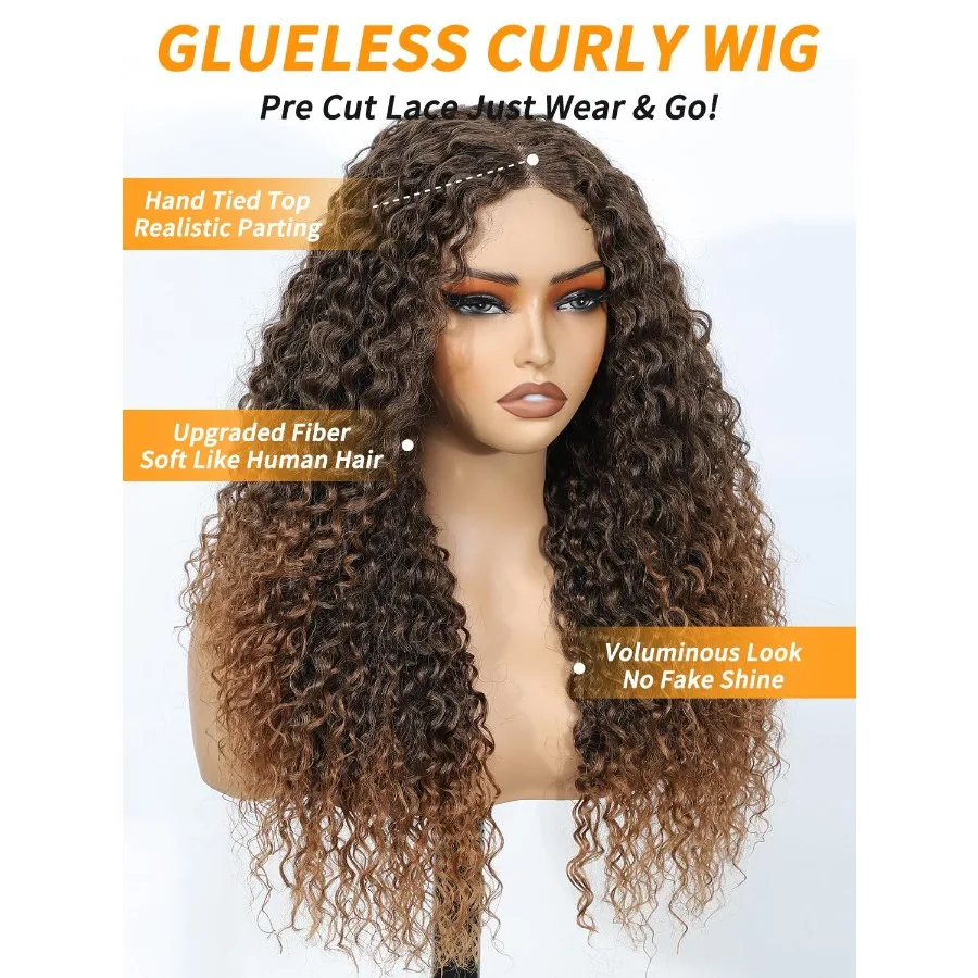 أومبير براون مجعد شعر مستعار اصطناعي 24 بوصة غلويليس مجعد الاصطناعية الدانتيل شعر مستعار أمامي ترقية مع شعور الشعر البشري الألياف موجة عميقة