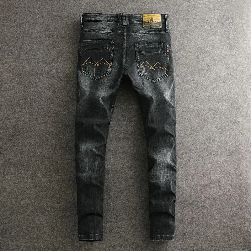 Italian style fashionable men's jeans retro washed elastic slim fit corrugated black gray jeans men's retro designer denim pants