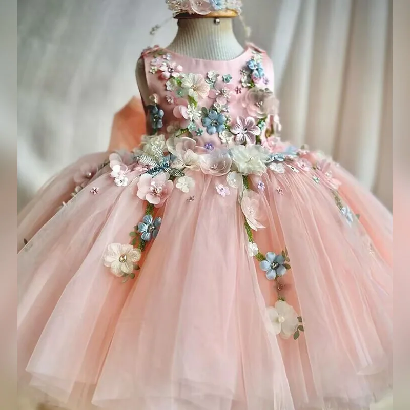 Luxury and Elegant Children\'s Dress Christmas Mesh Fluffy Skirt Pink Butterfly Wings 2024 New Flower Girl Wedding Princess Dress