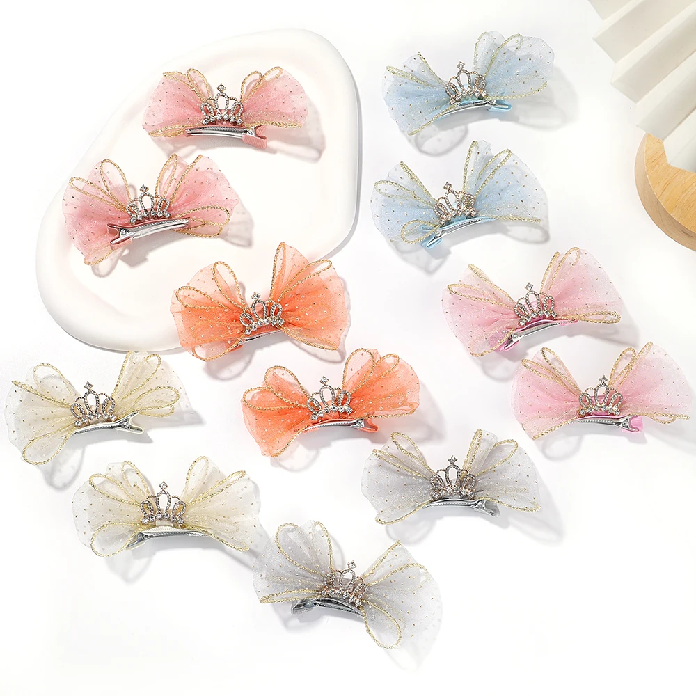 2pcs Hair Clip Girls Lovely Organza Bow Hairpins Kids Barrettes Zircon Crown Hair Ornaments Children Princess Hair Accessories