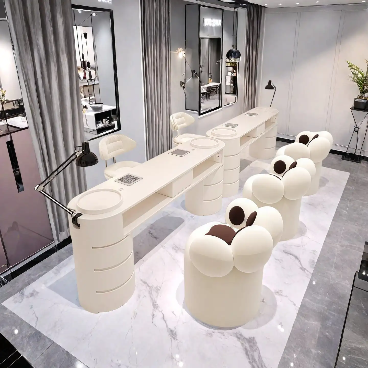 

High-end Cream Style Nail Table and Chair Set Marble Table Top Comes with Hoover Socket Nagel Tafel Commercial Furniture