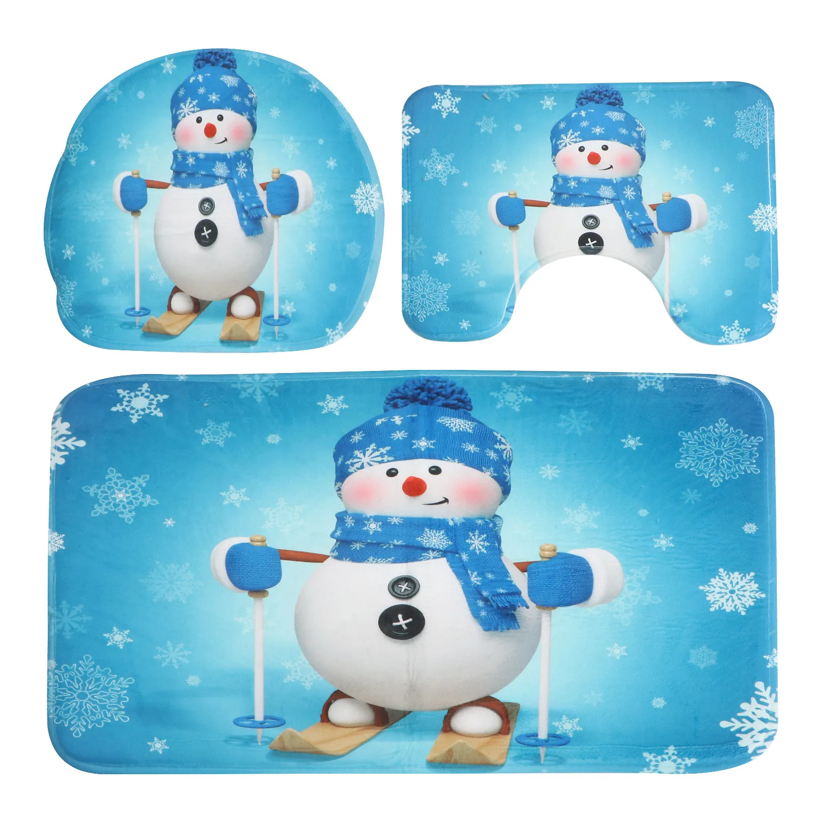 

3pcs Snowman Skiing Set Flannel Sponge Bathroom Rug 45X75Cm 39X45Cm 38X40Cm Non Slip Absorbent Shower Mats Toilet Bath Decor