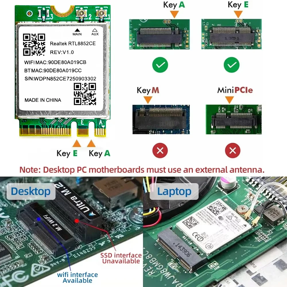 WiFi 6E RTL8852CE M.2 NGFF Wireless Network Card 5400Mbps 802.11AX Bluetooth 5.3 Adapter Tri-Band 2.4/5/6GHz for Windows 10/11