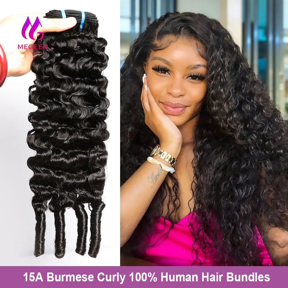 Megeen Burmese Curly Virgin Hair Bundles with Spriral Ends 15A Unprocessed Human Hair Deep Wave Weave Hair Extensions 1/3/4Pcs