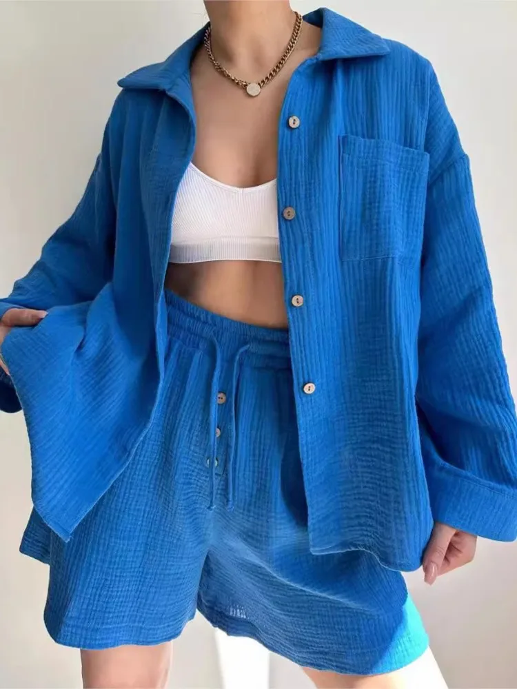 Fashion Casual Two-piece Set Cotton Suits Long Sleeve Shirt High-waist Drawstring Shorts Sets Spring Summer Elegant Women's Set