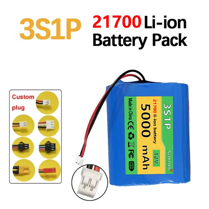 New 21700 Li-ion Battery 11.1V 5000mAh Battery Pack for 12V Speakers, Backup Power Radios, Beauty Devices, and Smart Trash Cans