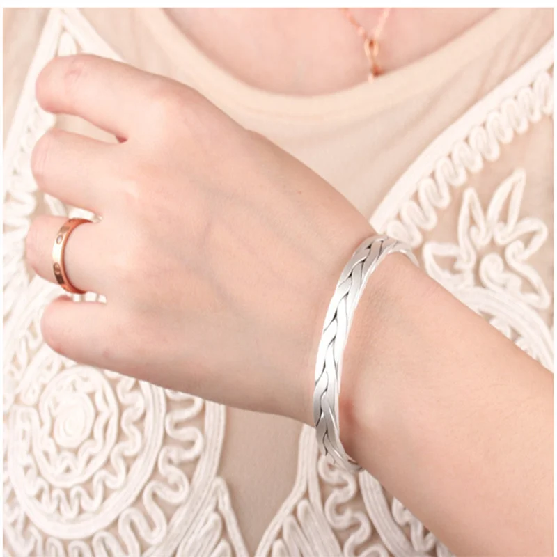 Retro Matte Twisted Braided 999 Sterling Silver Bracelet Men Women Open Adjustable Cuff Hypoallergenic Minimalist Stackable Fine