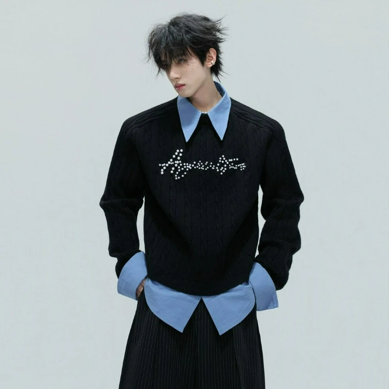 

Round-neck Lapel New Style Fake Two Laid-back Sweaters Casual Versatile Warm Loose Knitted Sweater for Men Autumn Winter 2026