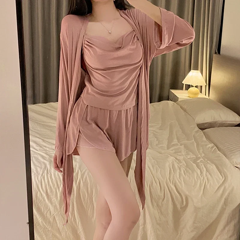 Pajamas Woman 4/3 Pcs Sexy Sleepwear Lingerie Set With Chest Pad Modal Pyjamamas Long Sleeve Pure Cotton Home Negligee Homewear