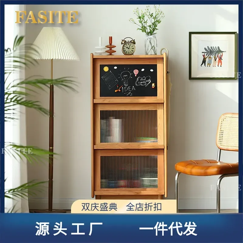 Nordic Solid Wood Bookcase Medieval Cherry Wood Magazine Cabinet Floor to Ceiling Entrance Cabinet Multi Functional Locker