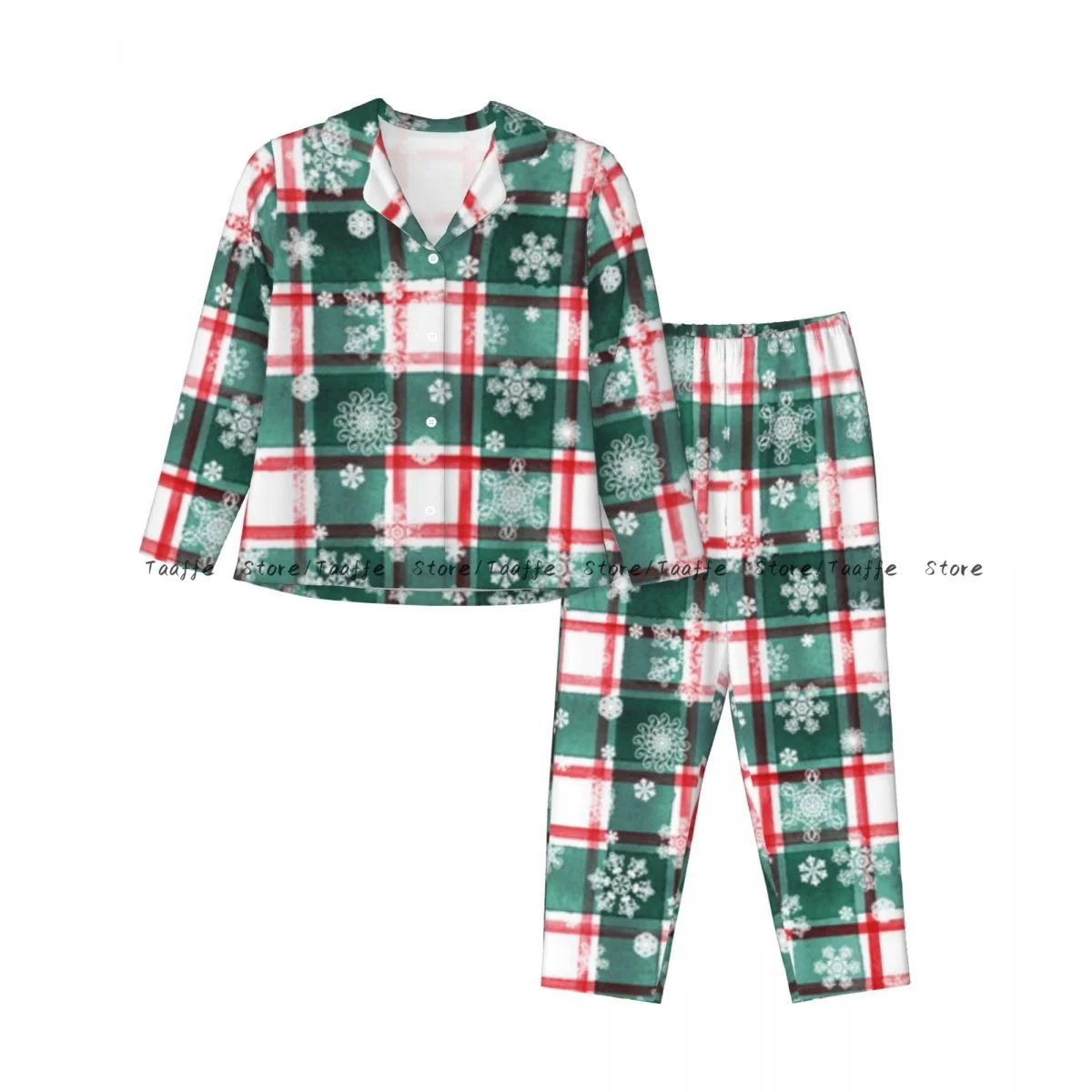 Pajama Set Women's Long Sleeve Pants Two Piece Watercolor Stripe Plaid Pattern Snowflakes Background Home Furnishing Set