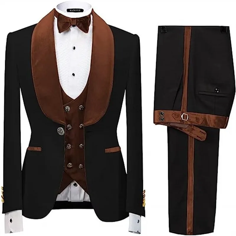 Hitam Jacquard coklat beludru Auntumn/musim dingin Weding Tuxedo Slim Fit 3pcs Blazer rompi celana disesuaikan penuh pria setelan