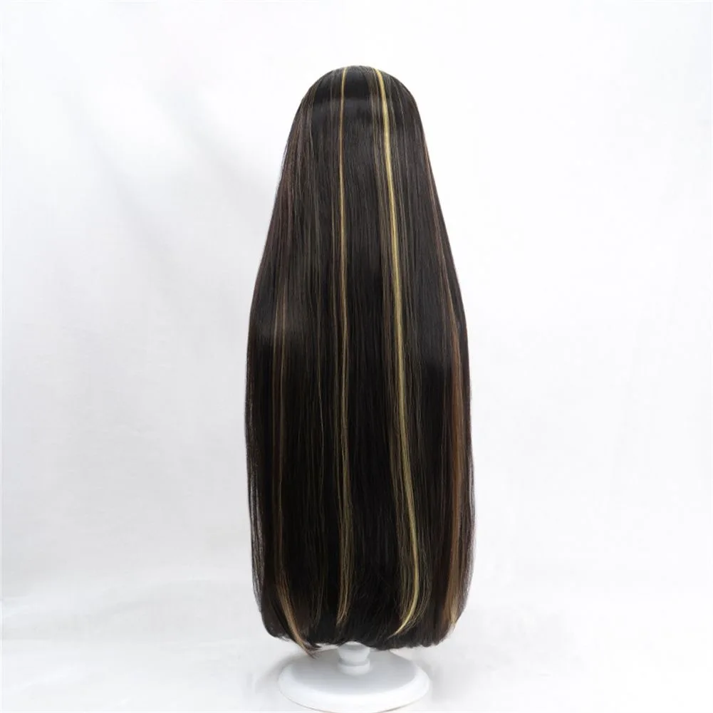 エルフ高校 クレオデニロール コスプレウィッグ 黒 黄 茶 ハイライト入り ロングストレートヘア