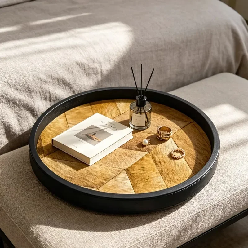 Retro Wabi Sand Style Solid Wood Aromatherapy Tray with Imitation Wool Leather Entrance Decor for Living Room Office Desktop