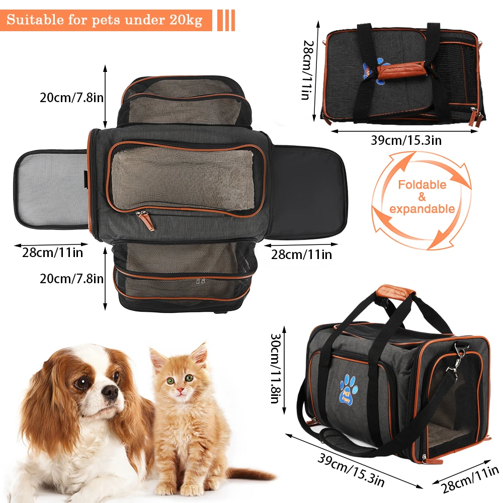 Large Reversible Expandable Cat and Dog Carrier - with Fleece Pad and Pockets for Cats/Dogs up to 24 lbs Travel Pet Carrier