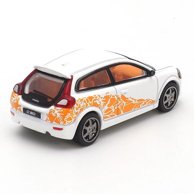 DCT 1:64 Volvo C30- White (Orange Flower) Alloy Car Model Simulation, Small-scale Car Model,  Decoration, Car Mounted