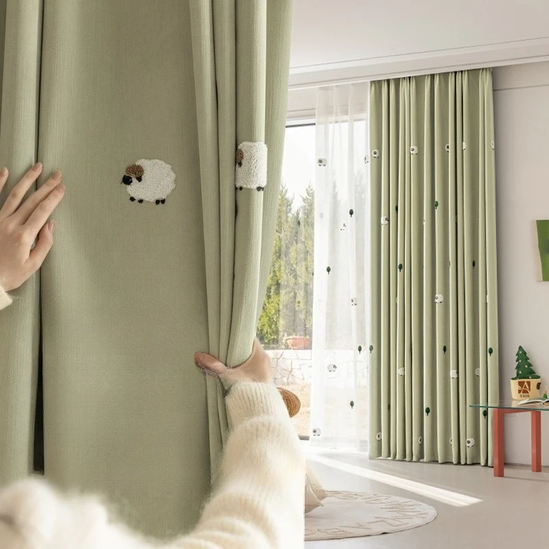 Chenille Blackout Lamb Embroidery Modern Children's Curtains for Living Dining Room Bedroom Window Custom Size Fashion Elegant