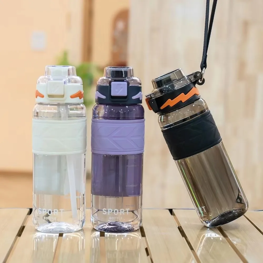 750/1000ML Sport Water Bottle Bouncing Lid Leak-proof Student Water Bottle Food Grade Plastic with Straw Fitness Kettle Summer