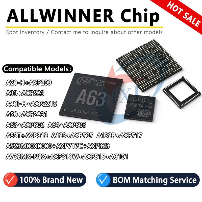 ALLWINNER A20 A33 A83T A40i-H A50 A63 A64 A83T-H A133P A523 A733 AXP223 AXP717C AXP323 AXP803 Application Processor SoC Chip