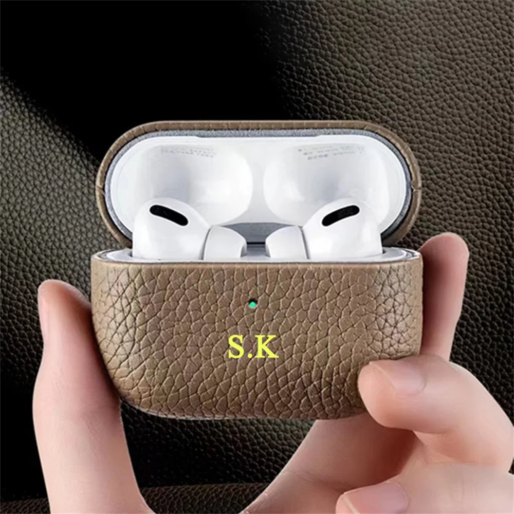 Personalized Gold Initials Letters Customize Earphone Case For Airpods 1 2 3 Pro2 Luxury Lychee Skin Pattern With Keychain Cover