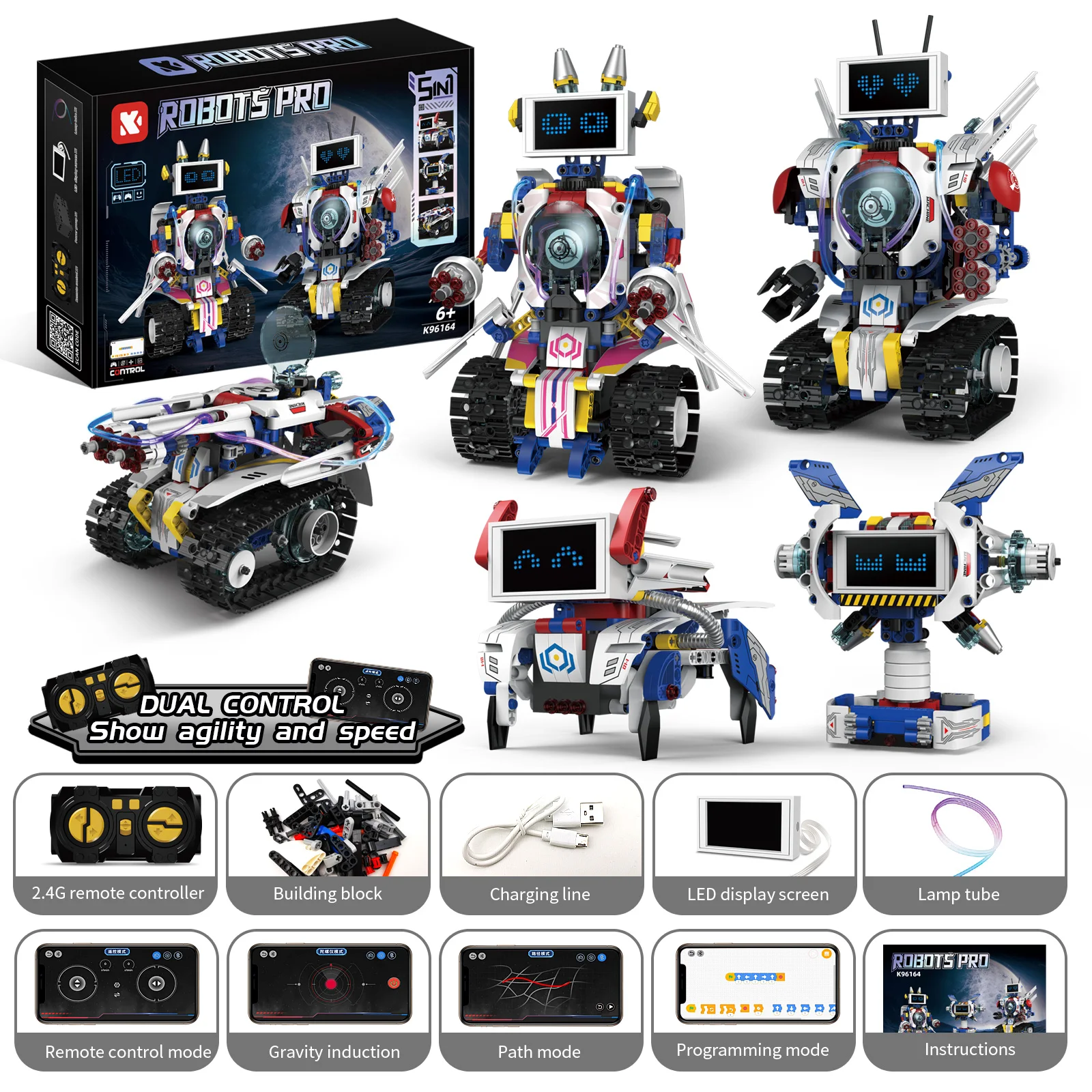 MOC 603PCS Electric RC Robot Building Blocks 5-in-1 DIY Mechanical Dog Rocket Car LED Screen Intelligent Toy for Children