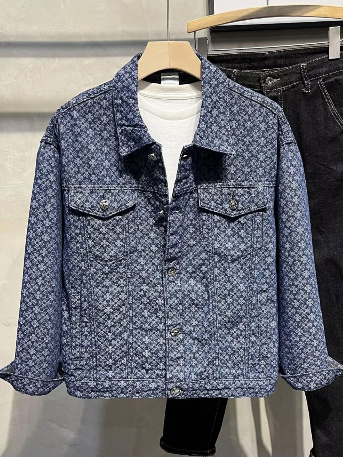 

Vintage Men's Open Cardigan Casual Loose Denim Jaet Autumn Winter Faion Versatile High End Floral Embroidery