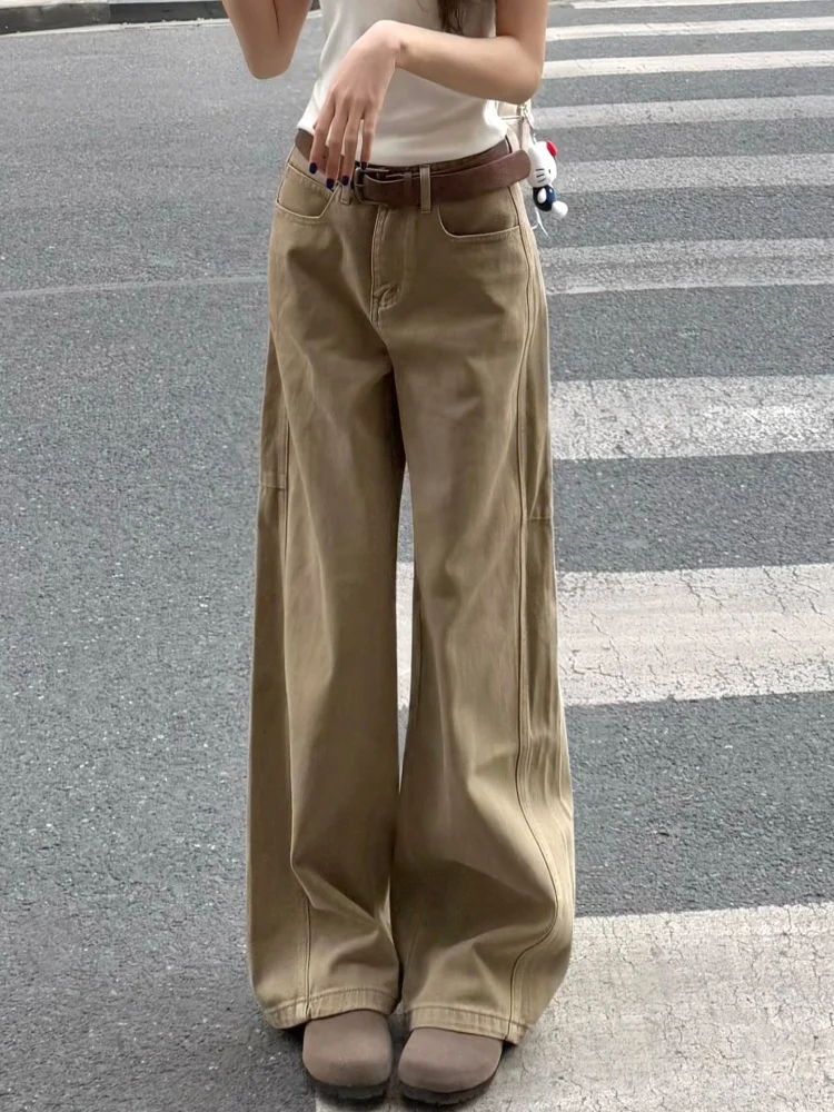 

High Waist Wide Leg Jeans Khaki Color Women's Spring Loose Fit Slimming Straight Cut Trousers Pear Shape Body Casual Style