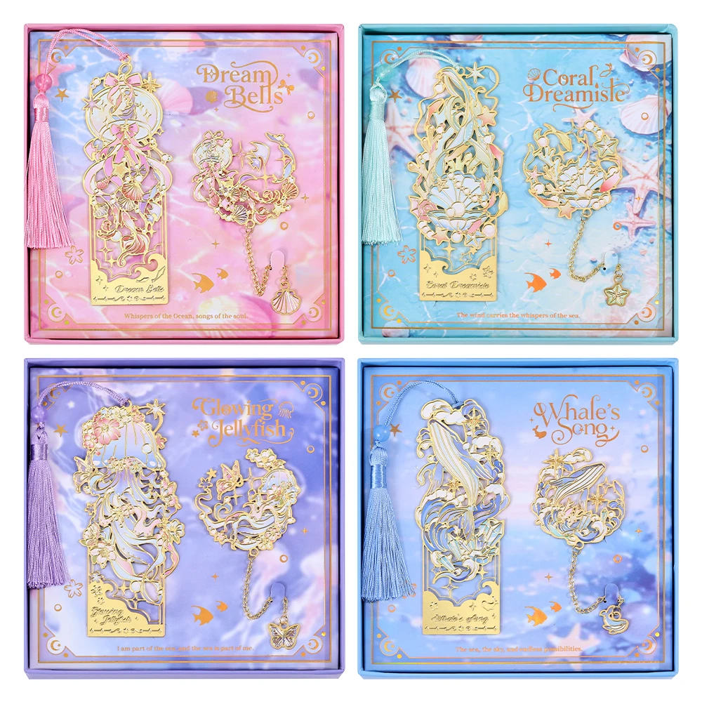 2 Pcs Marine Animals Metal Bookmarks Set With Featuring a Chain Tassel Irregular Hollow Shell Starfish Motif jellyfish Bookmarks